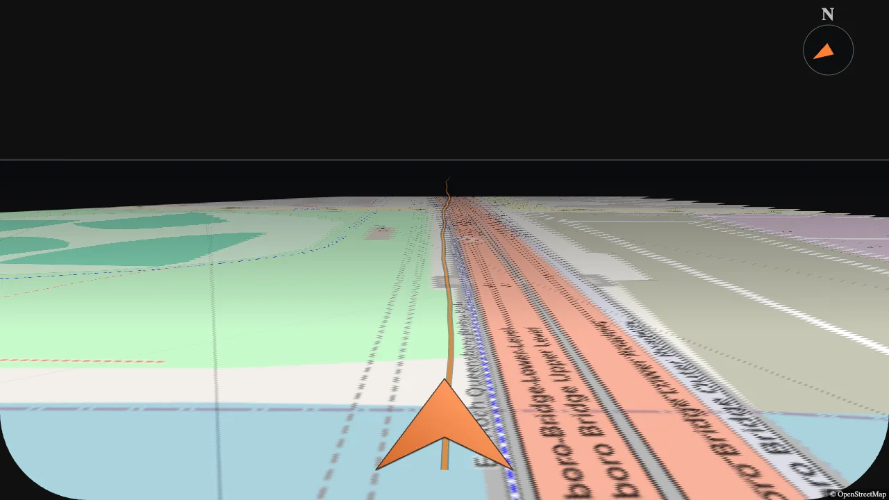 GaugeReel 3D Route gauge: an angled heading-up chase-cam view of the road ahead over OpenStreetMap tiles, with a north indicator