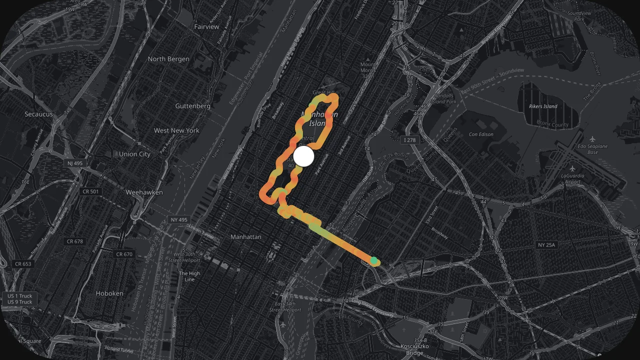 GaugeReel GPS Path gauge: a speed-colored route and live position marker over the free OSM Dark basemap