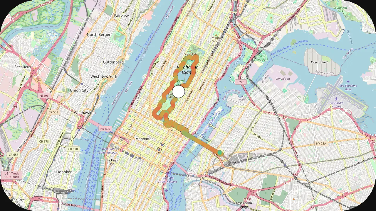 GaugeReel GPS Path gauge: a speed-colored route and live position marker over OpenStreetMap street tiles of Manhattan