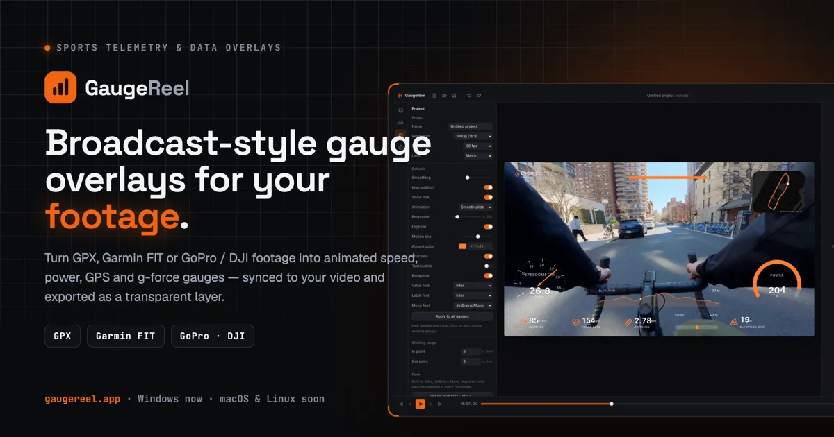 GaugeReel — GoPro Telemetry Overlay for Speed, GPS & Power